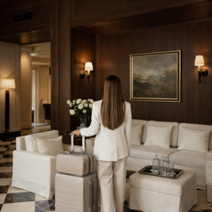 Elegant woman in luxury hotel lobby